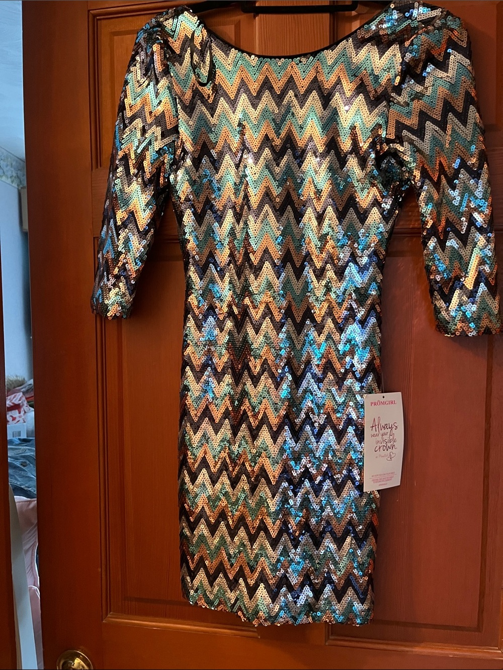 As U Wish Sequin Chevron Dress in Black, Gold, Teal